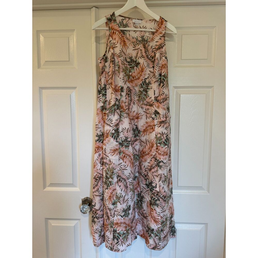 J. Jill Love Linen Tropical Palm Leaf Print Sleeveless Midi Dress Size XS Petite